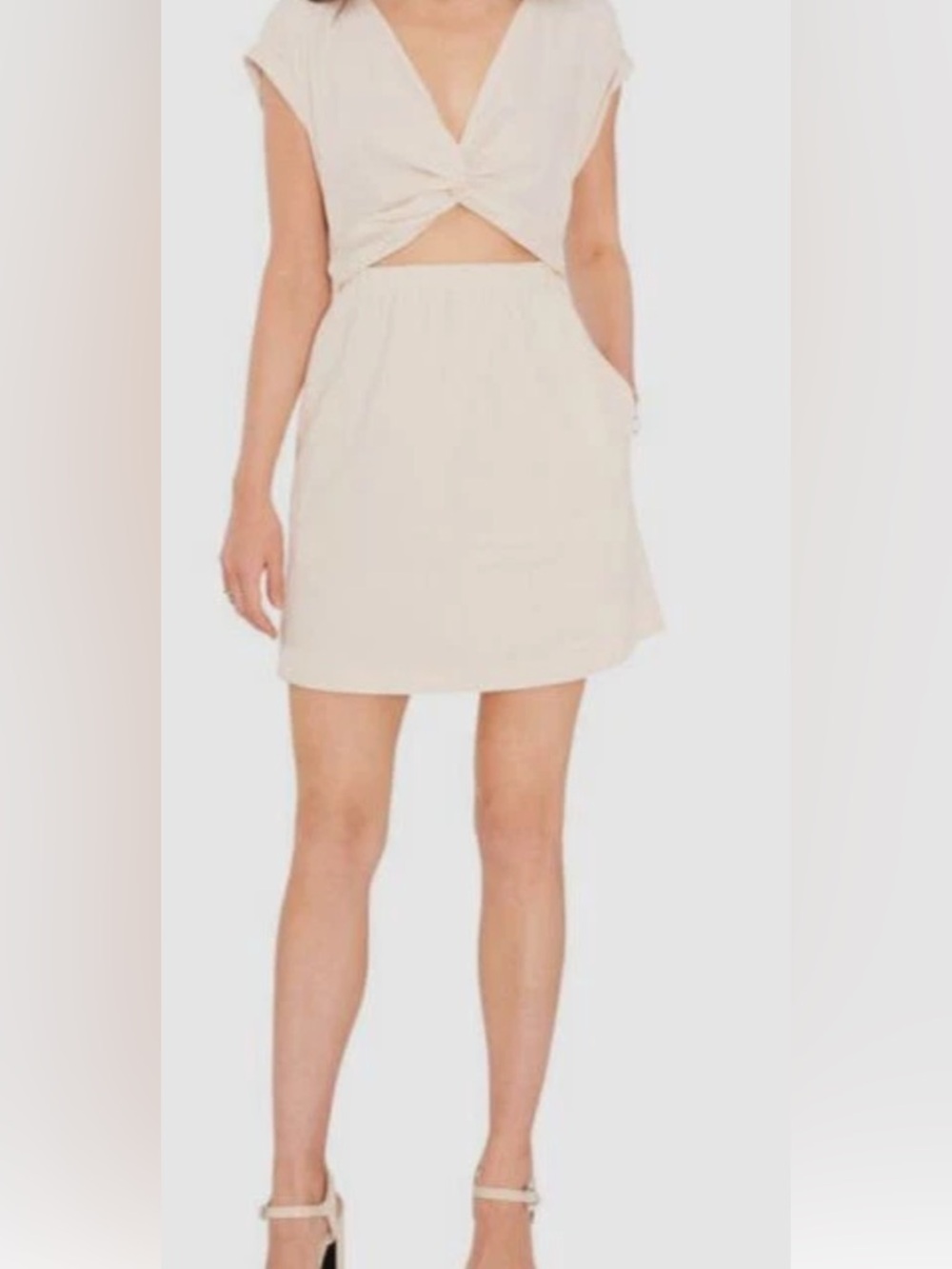 1. State Dress Juneberry Beige Linen Blend Cap Sleeves Peep Knot Midriff S👍
